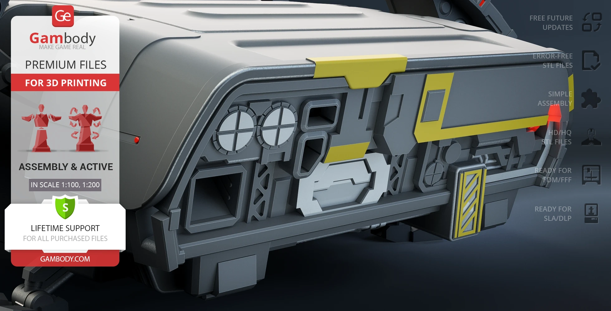 Futuristic escape module with intricate details and yellow accents, designed for 3D printing.