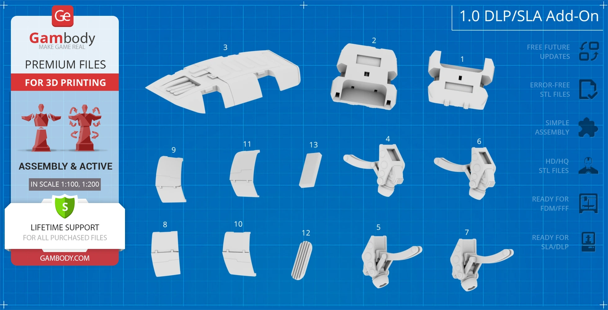 3D printable parts for a Class D Crew Escape Module, displayed on a grid background.