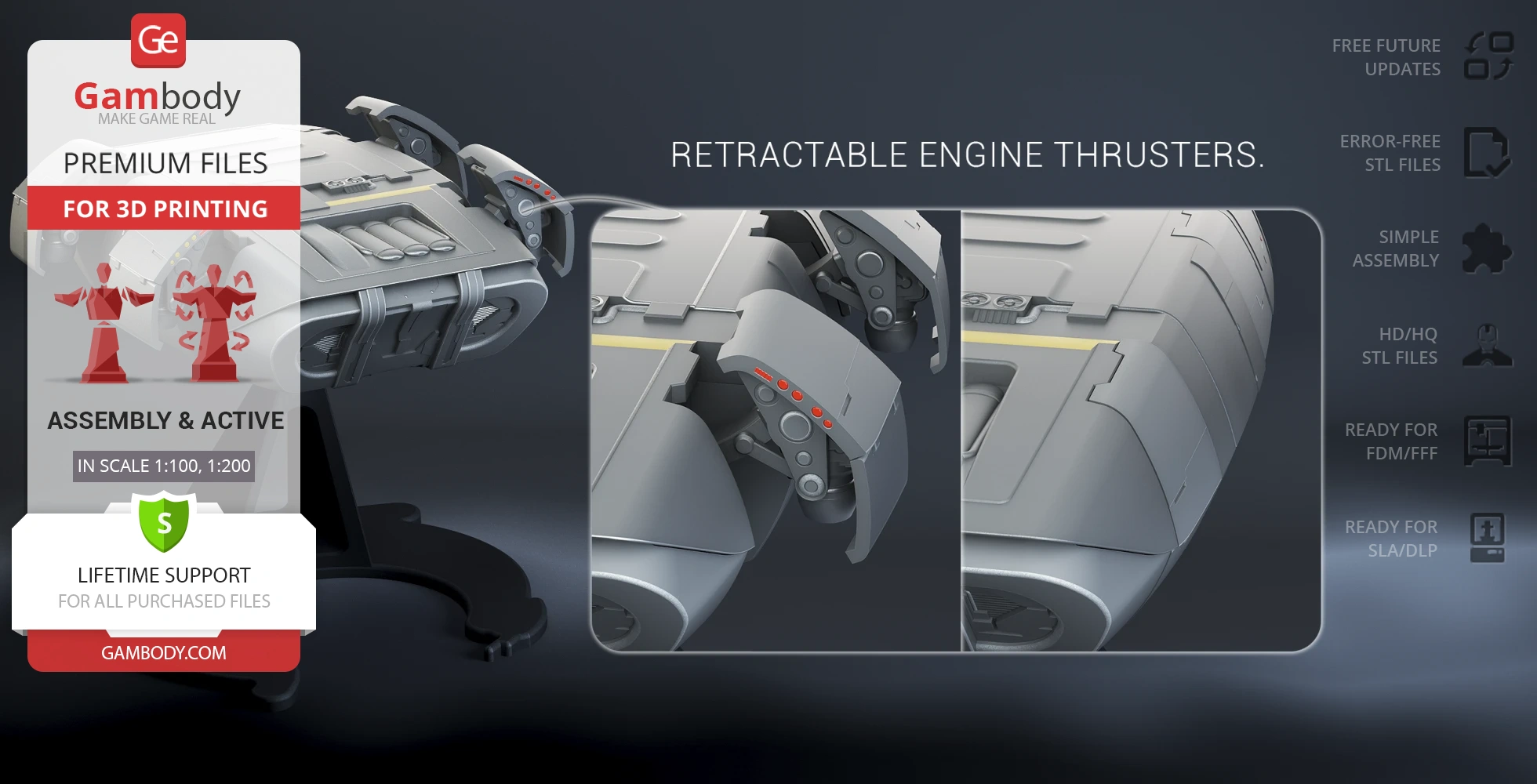 3D model of a futuristic escape module with retractable engine thrusters, ready for 3D printing.