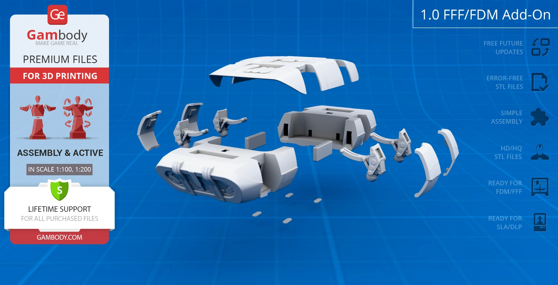 Exploded view of a 3D printable Class D Crew Escape Module showing individual components on a blue grid background.