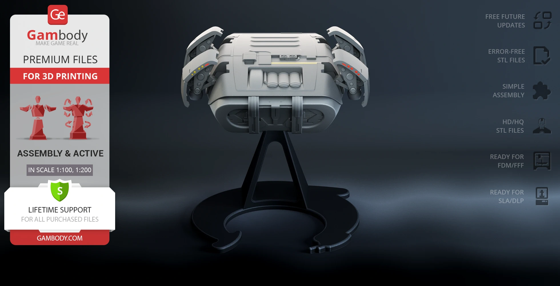 Futuristic escape module on stand, designed for 3D printing with intricate details and assembly instructions.