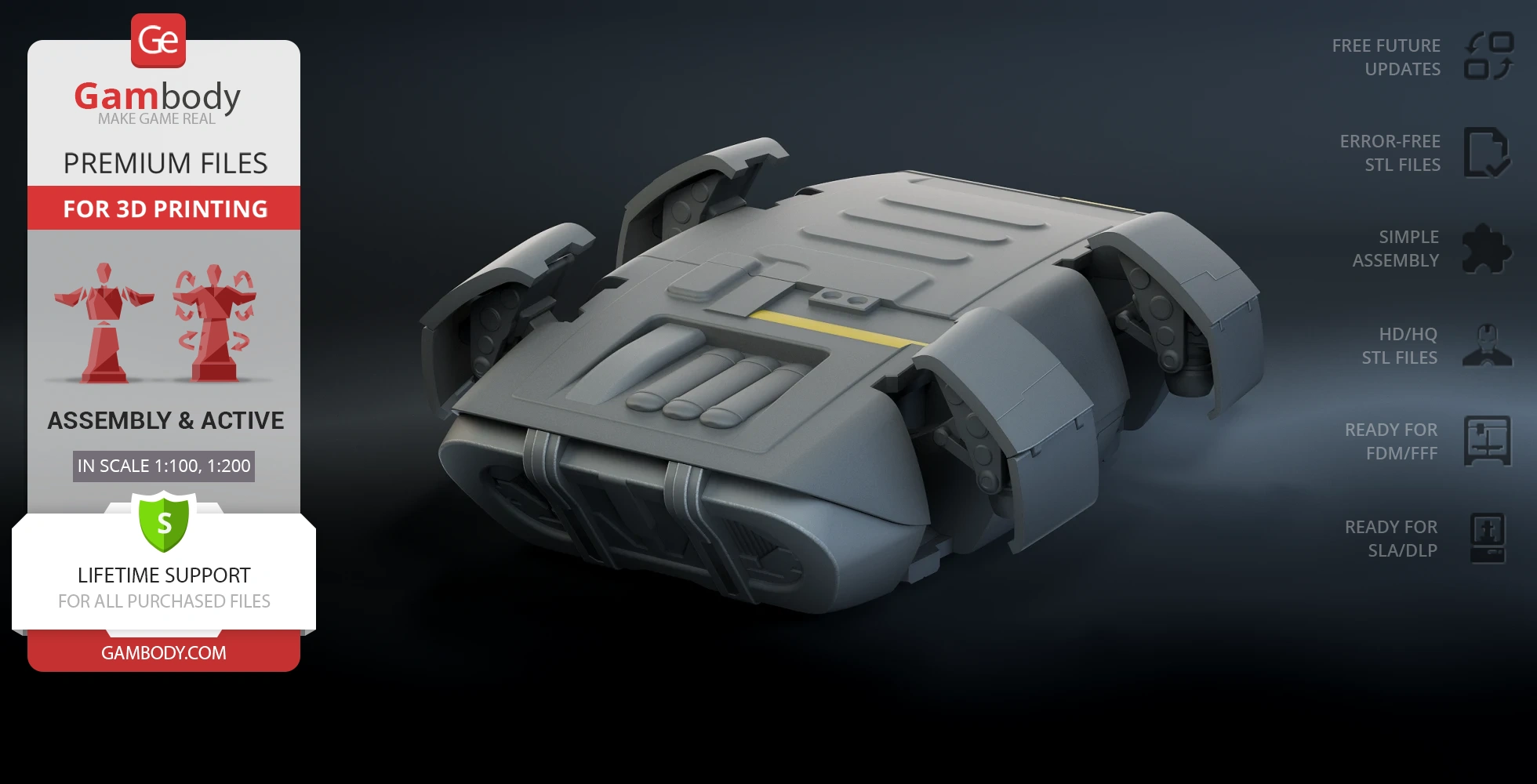 Futuristic gray escape module 3D model with detailed panels and rounded edges, suitable for printing.