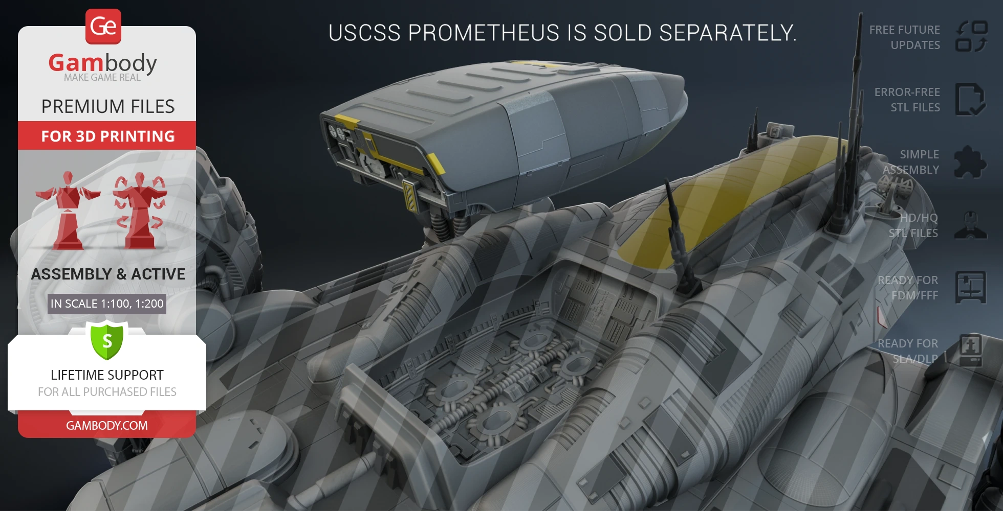 Futuristic spacecraft model for 3D printing; cockpit detail and detachable module shown.