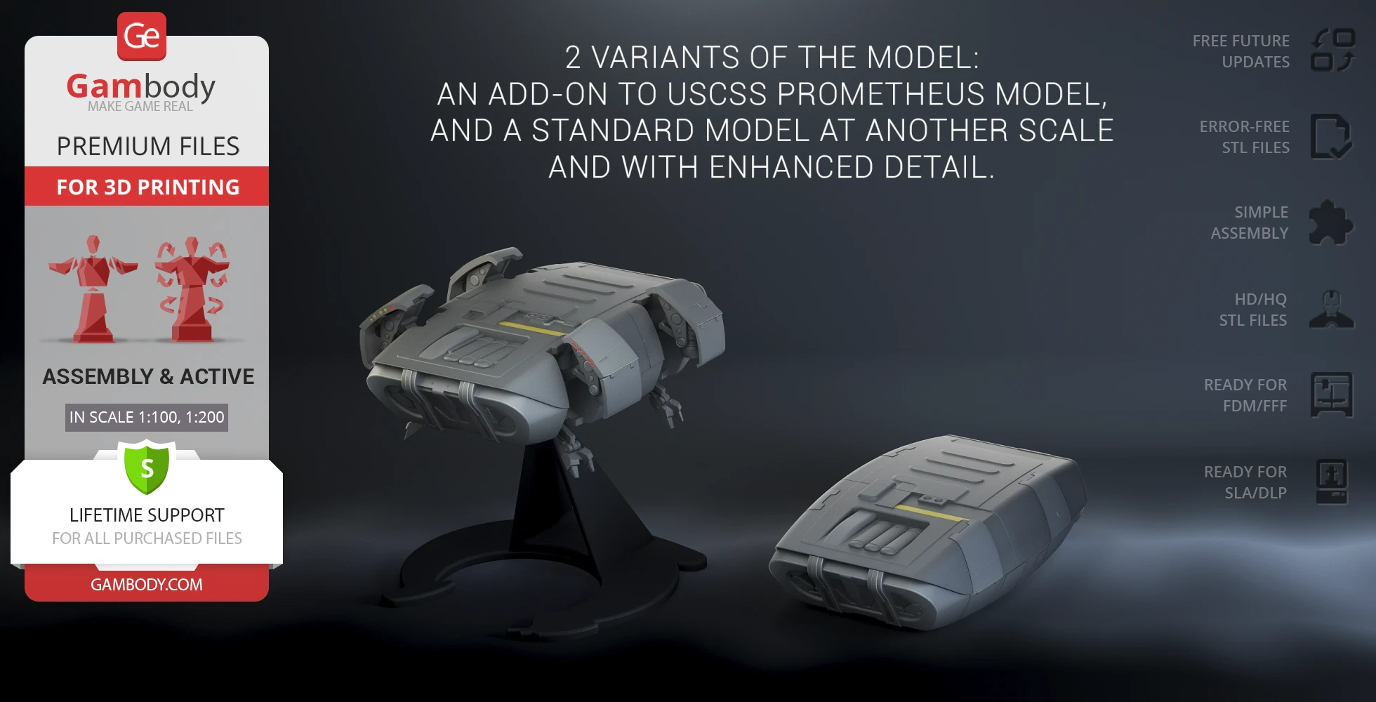 Futuristic gray escape module model, displayed in two variants for 3D printing with detailed features.