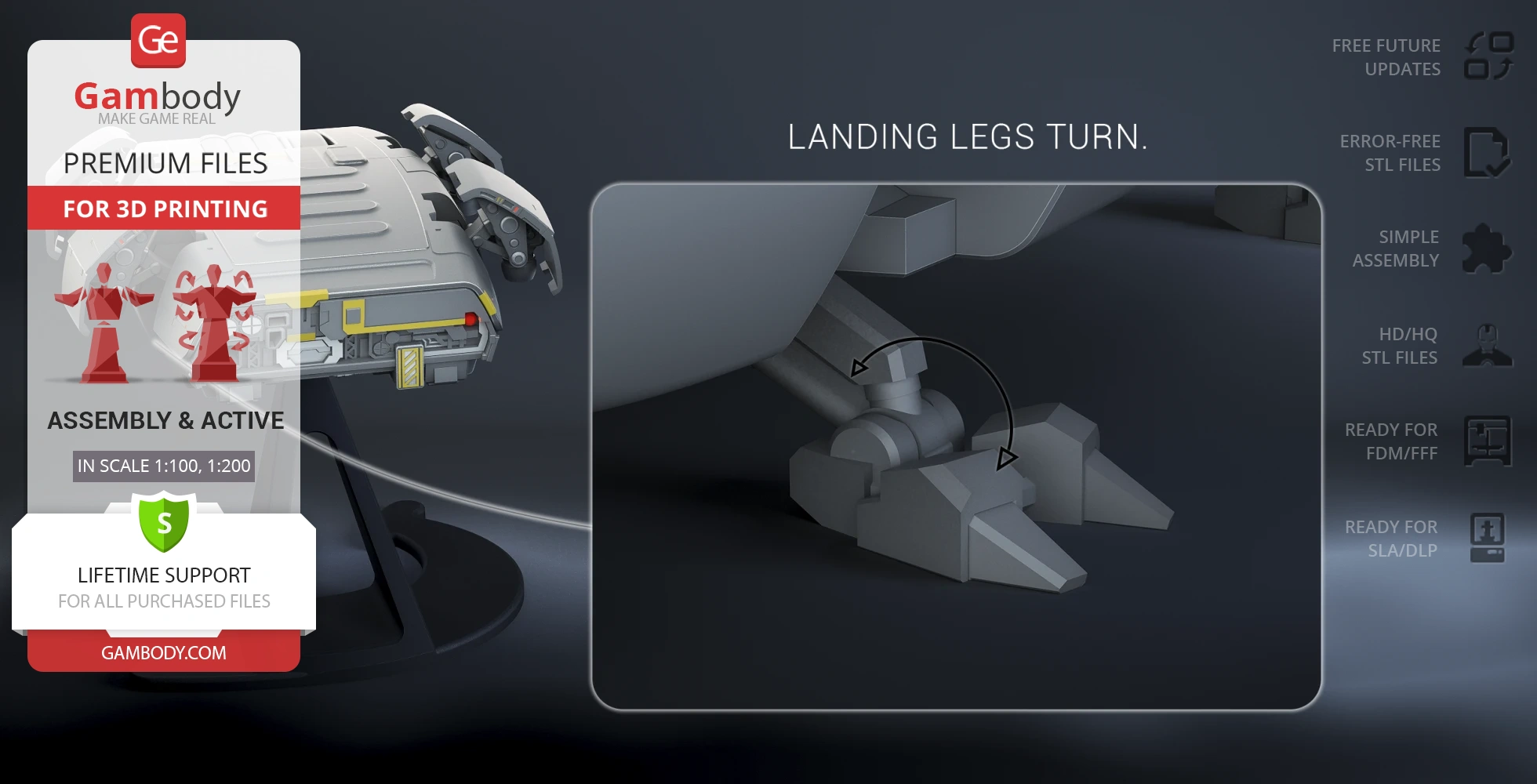 Detailed 3D model of a spacecraft escape module with turning landing legs shown for 3D printing.