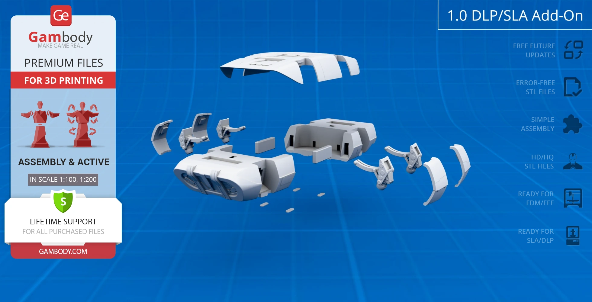 Exploded view of a 3D printable Class D crew escape module with individual parts shown.