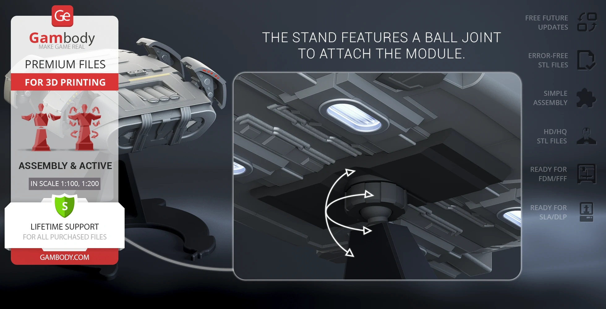 3D model of a Crew Escape Module with a ball joint stand for assembly, shown with 3D printing file details.