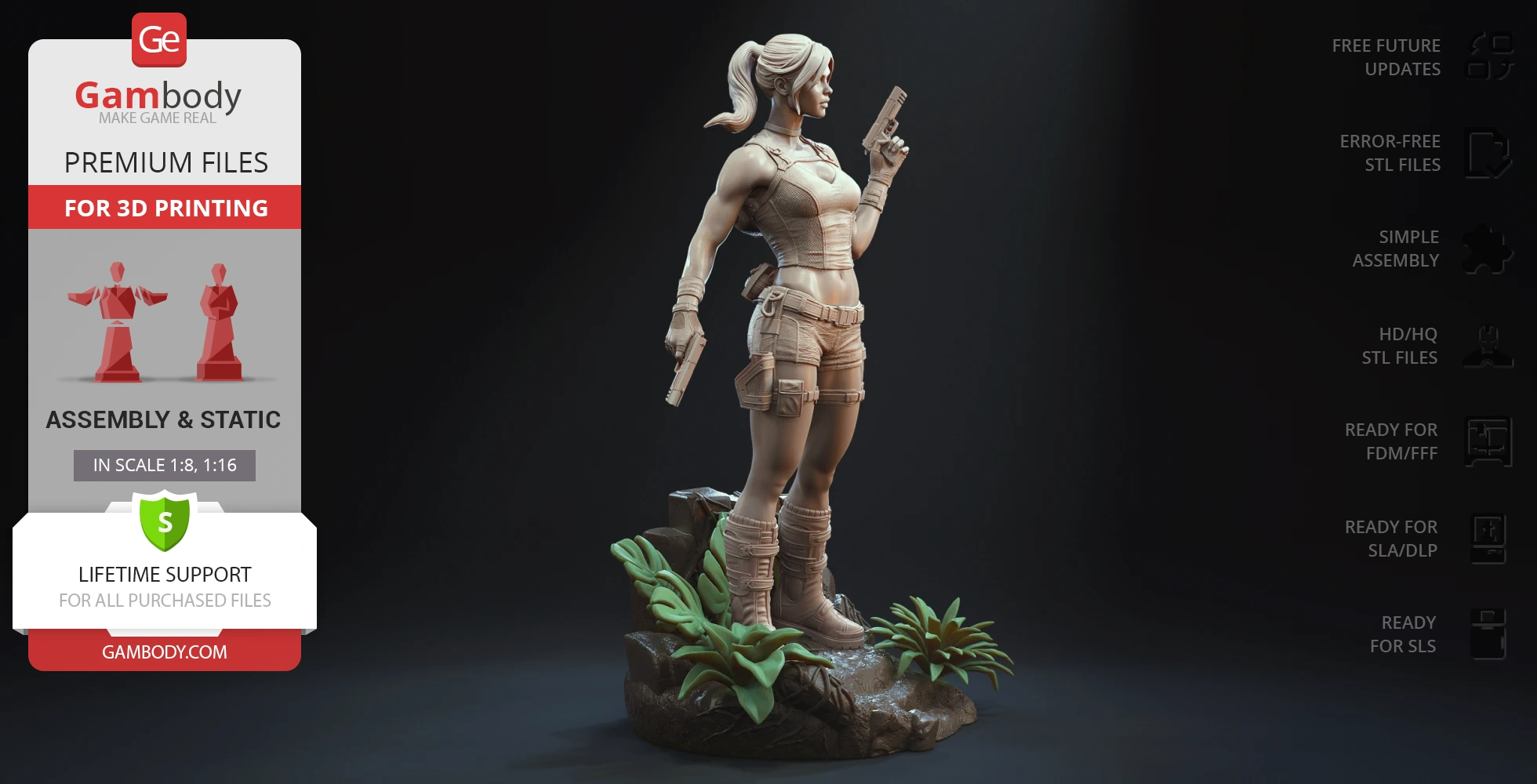 A 3D model of an adventurer with pistols, standing on a rocky base with plants, ready for 3D printing.