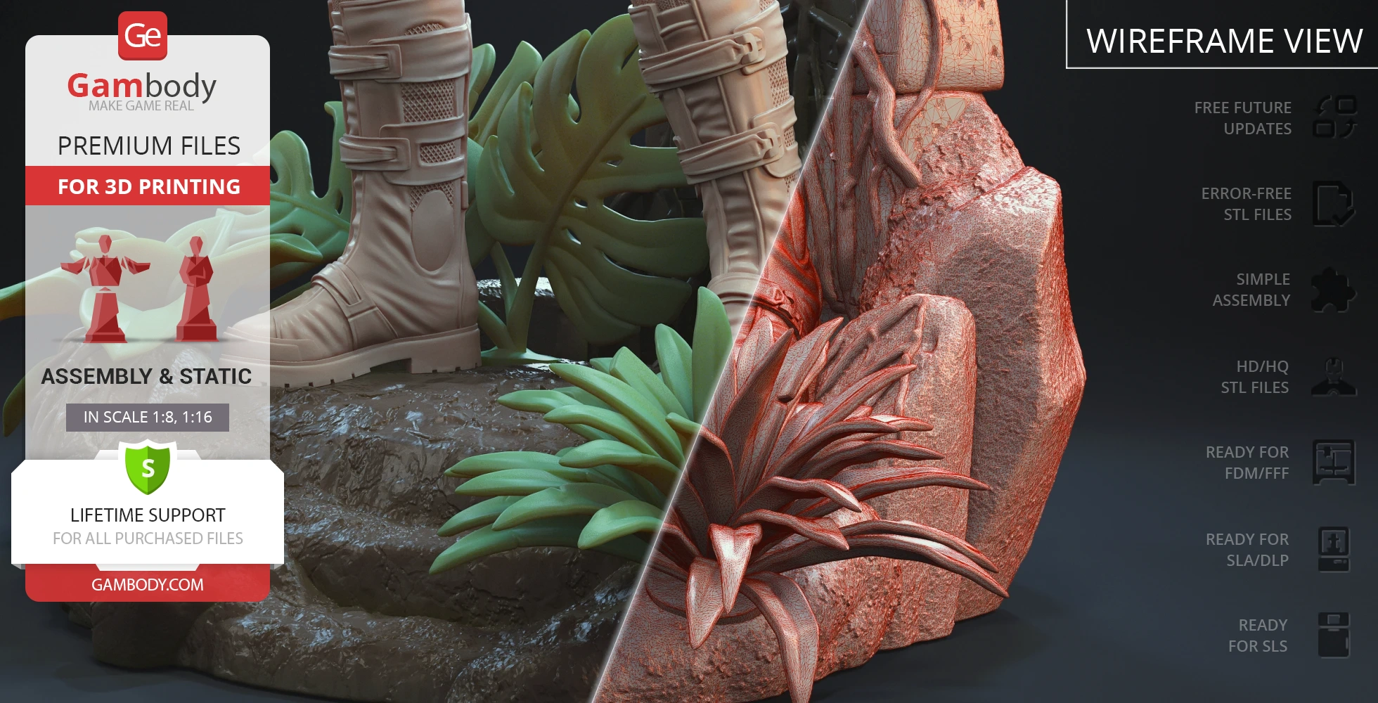 Close-up of a 3D model base with boots, plants, and rocks, featuring a wireframe view comparison.