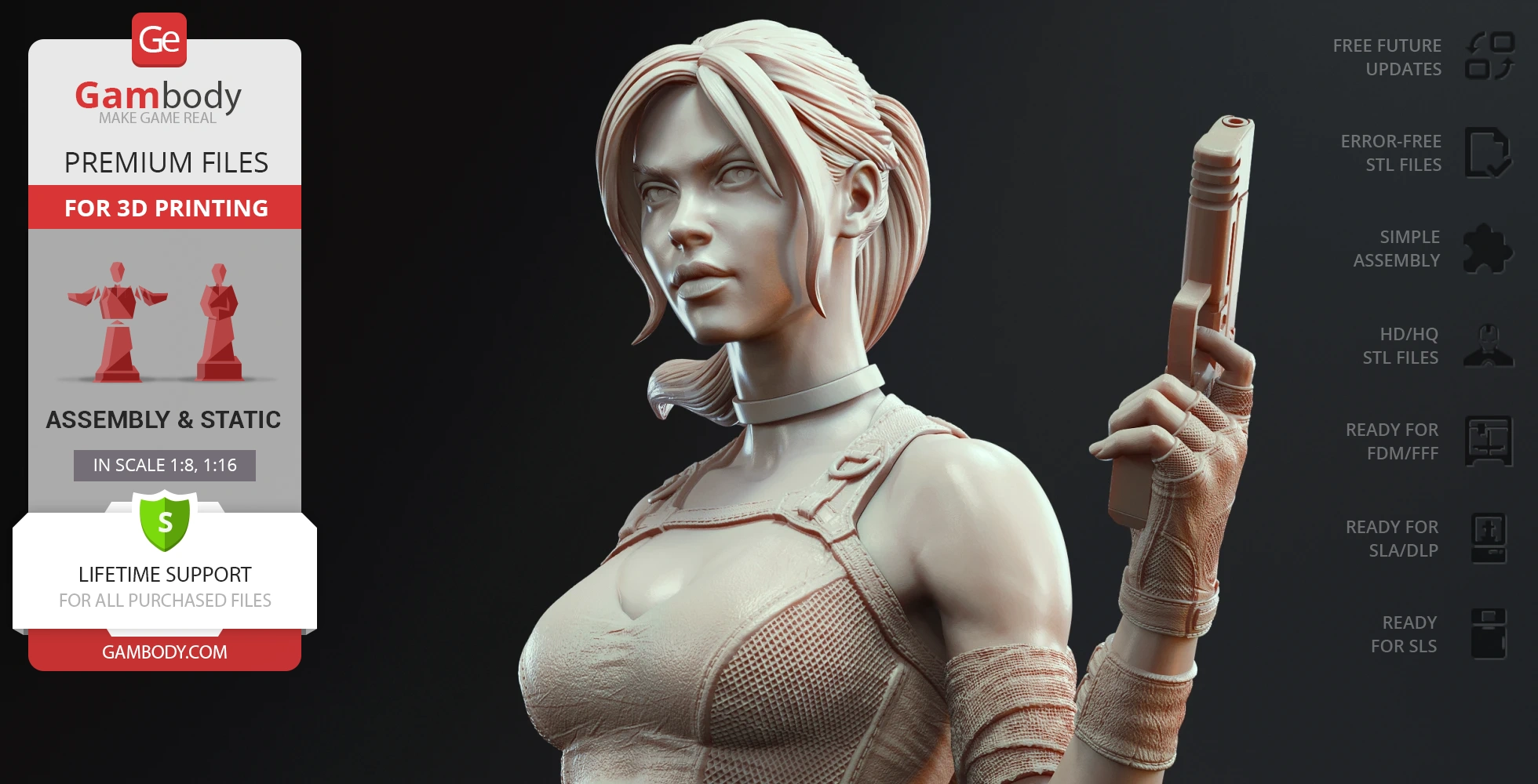 3D model of a female adventurer, holding a pistol, with detailed clothing and hair textures.