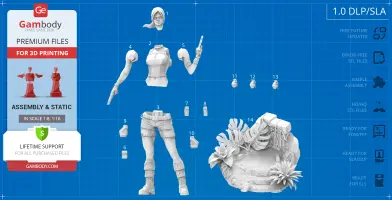 3D model parts of a female adventurer with accessories and a jungle-themed base, for 3D printing assembly.