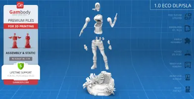 A segmented 3D model of an action figure with a jungle-themed base, ready for 3D printing assembly.