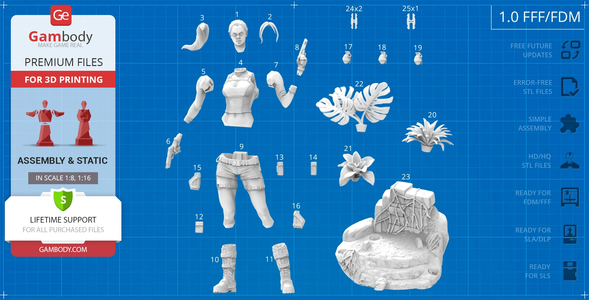 3D printable model parts of a female adventurer, including figure, accessories, and base platform.