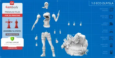 3D print model parts for Lara Croft from Tomb Raider, including body, arms, and jungle base.