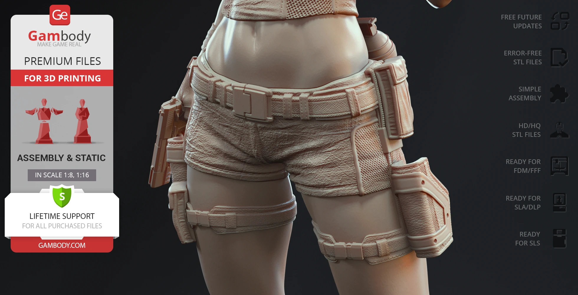 Close-up of a 3D model of a character's waist with tactical shorts and holsters, ready for 3D printing.