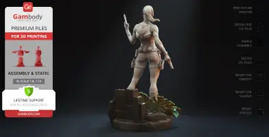 3D model of an adventurer standing on rocks, holding guns, ready for 3D printing.