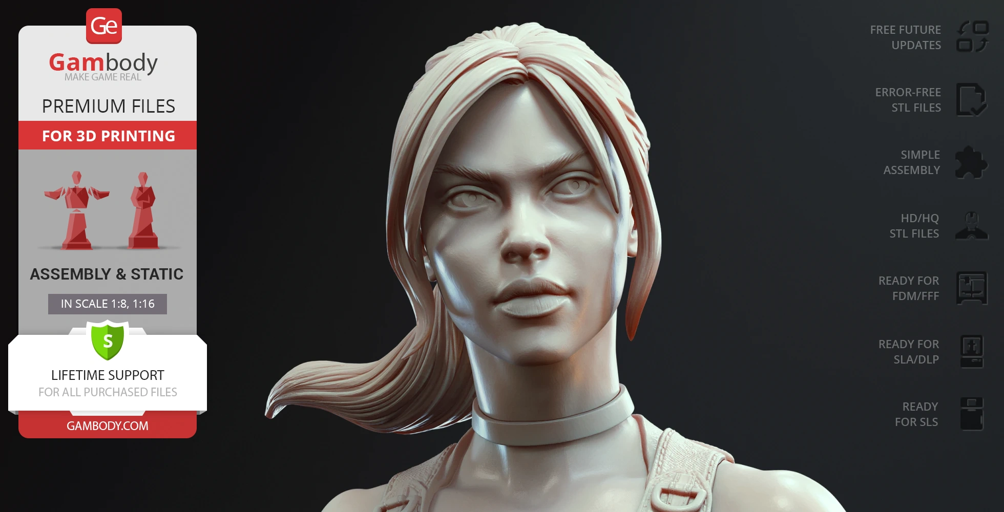 3D model of a female character's detailed bust, designed for 3D printing, with hair tied back.