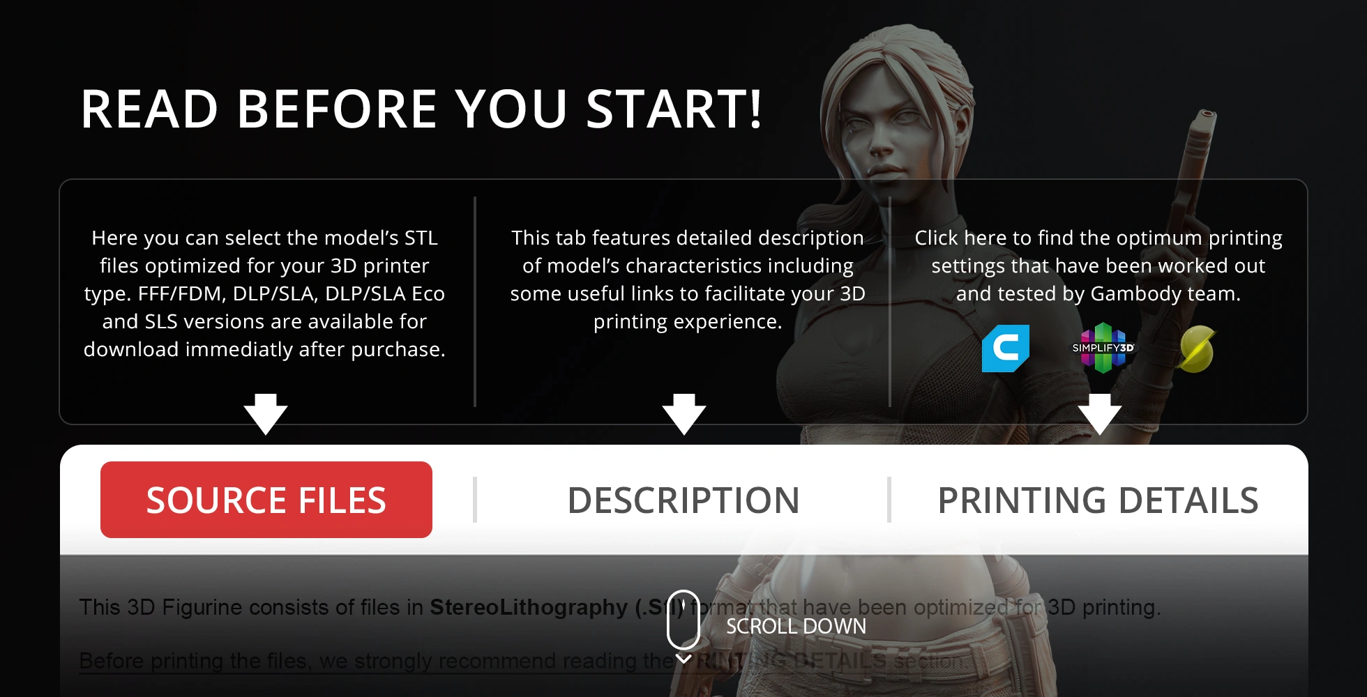 Lara Croft 3D model info page, with links to source files, description, and printing details.