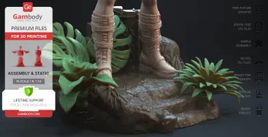 Close-up of detailed boots and rocky base with lush foliage, part of a 3D printed figure by Gambody.