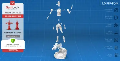 Disassembled 3D model of an action figure with base and accessories for 3D printing assembly.