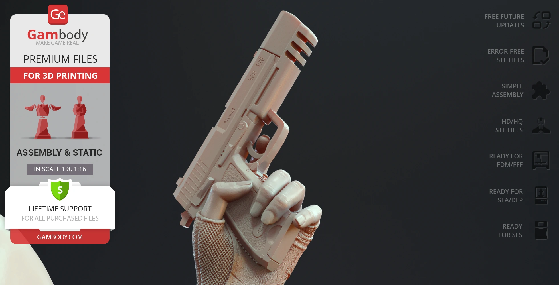 A 3D printed hand holding a handgun; promotional text for Gambody premium 3D printing files on the side.