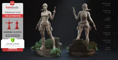 3D model of a female adventurer holding pistols, standing on a detailed jungle-themed base.