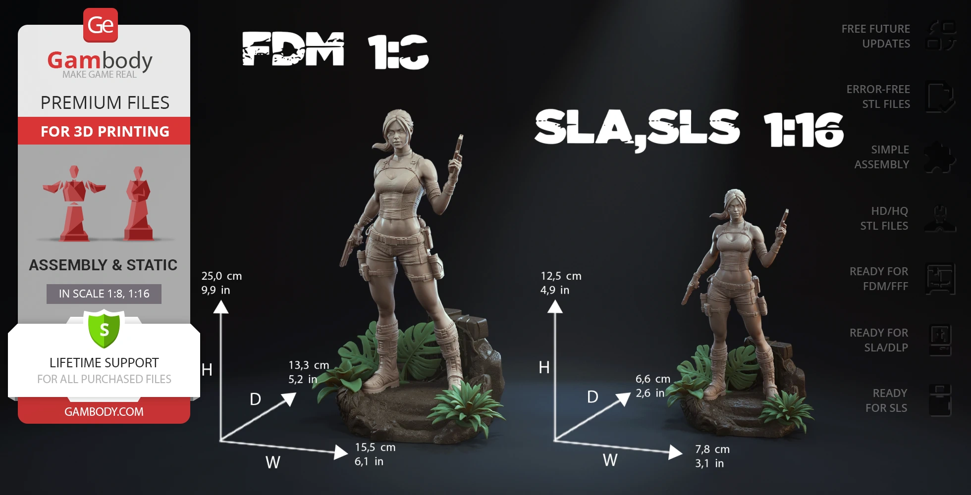 3D model of an adventurer holding pistols, standing on a rocky base with foliage, designed for 3D printing.