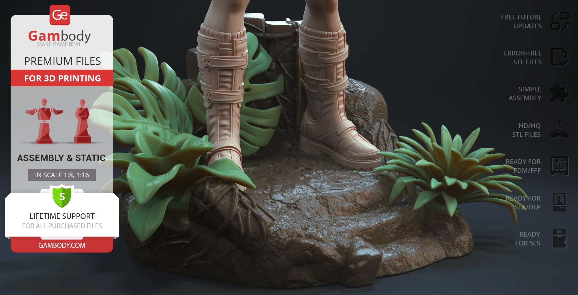 Close-up of detailed boots and rocky base with lush foliage, part of a 3D printed figure by Gambody.