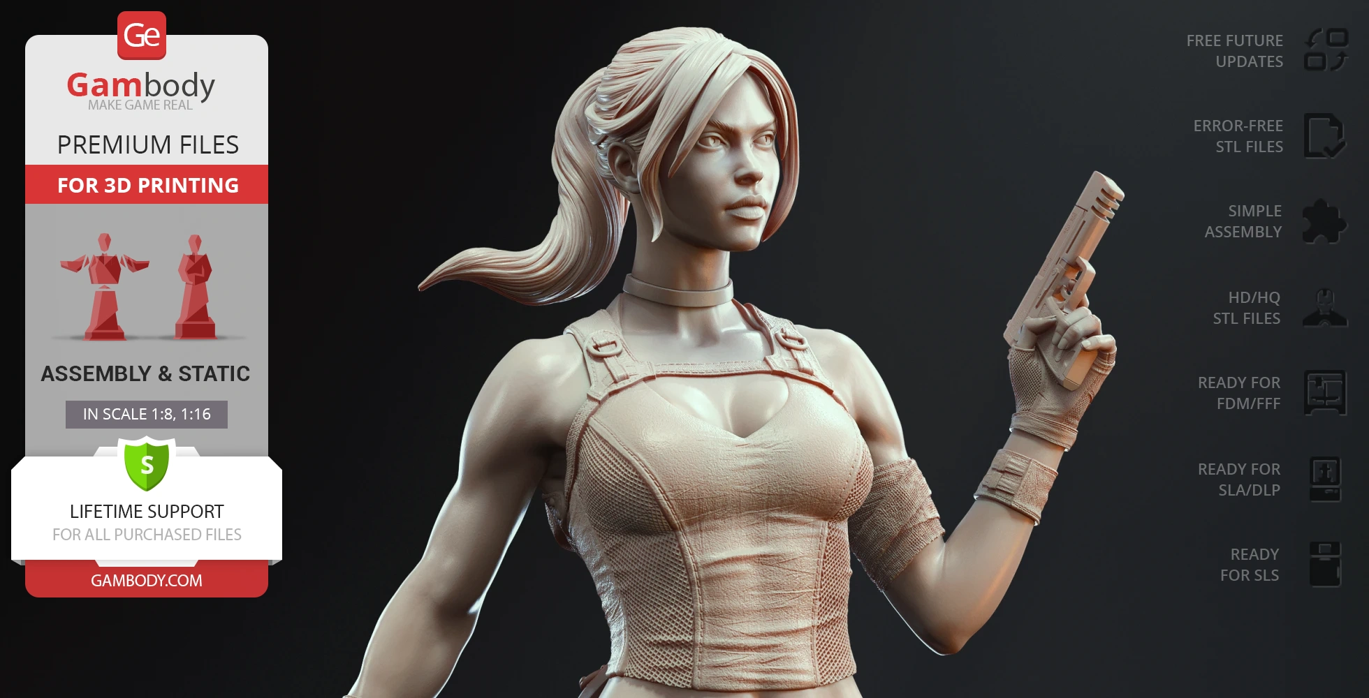 A detailed 3D model of a warrior woman holding a gun, designed for 3D printing.