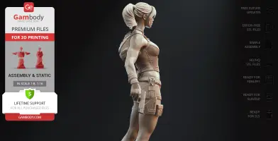 A 3D model of an action figure with a ponytail, carrying a weapon and wearing a tactical outfit.