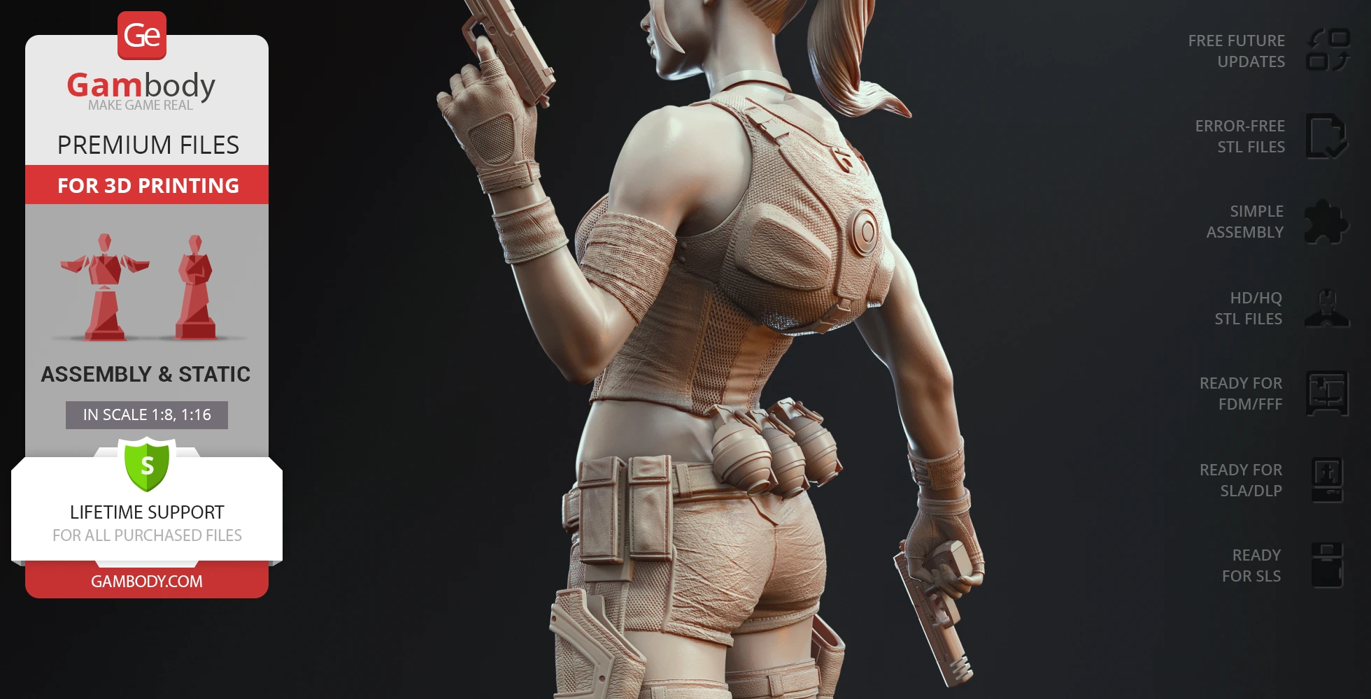 A detailed 3D model of an action-adventure character in tactical gear, holding pistols.