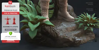 Close-up of detailed 3D model base showing boots, rocks, and lush green foliage for 3D printing.