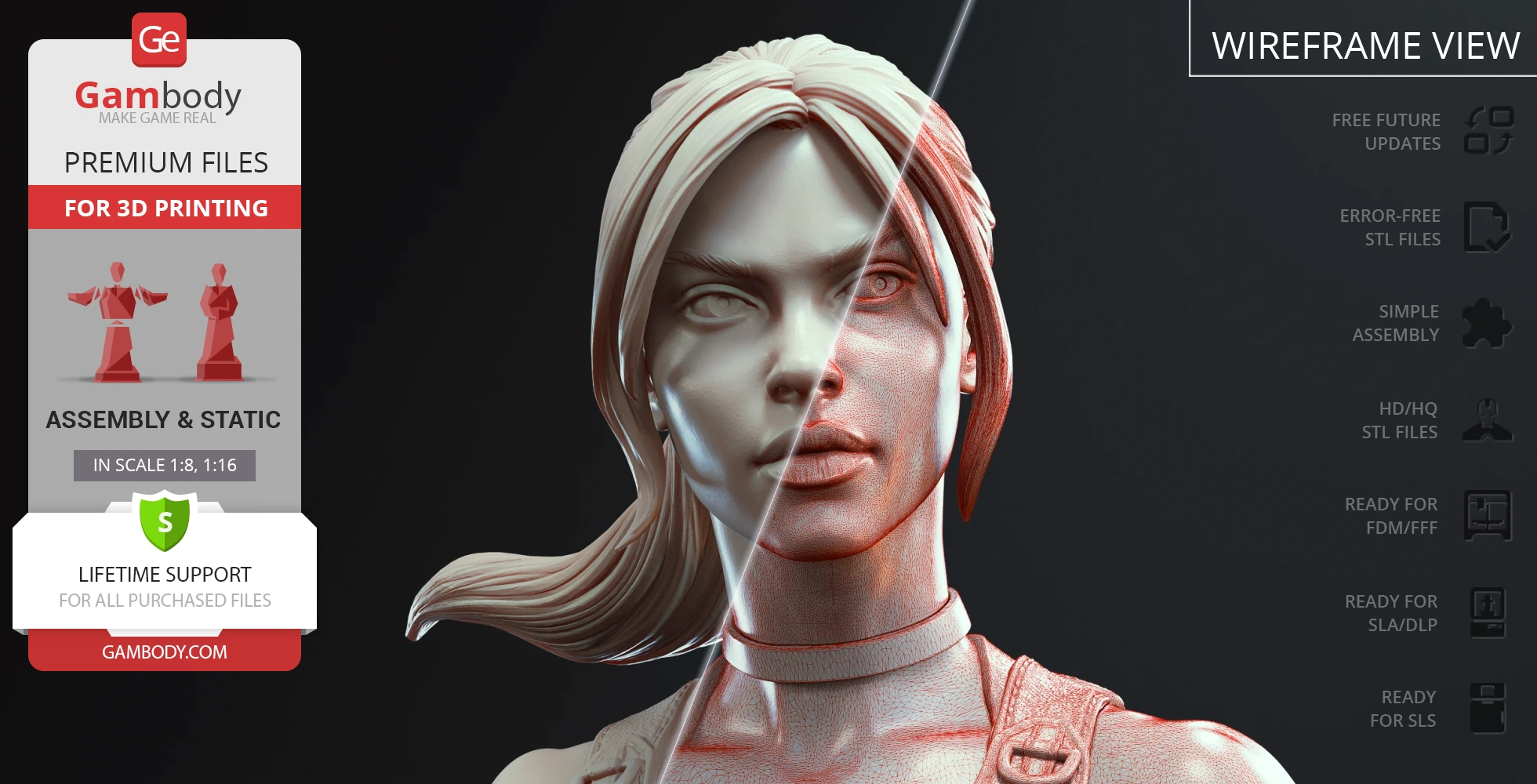 3D model of a female character's bust with a half-wireframe view, offered for 3D printing by Gambody.