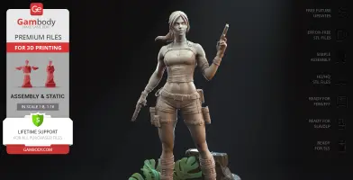 A detailed 3D model of an adventurous character holding pistols, ready for 3D printing from Gambody.