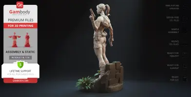 A 3D model of an adventurer with braided hair holding two pistols, standing on a rocky base with plants.