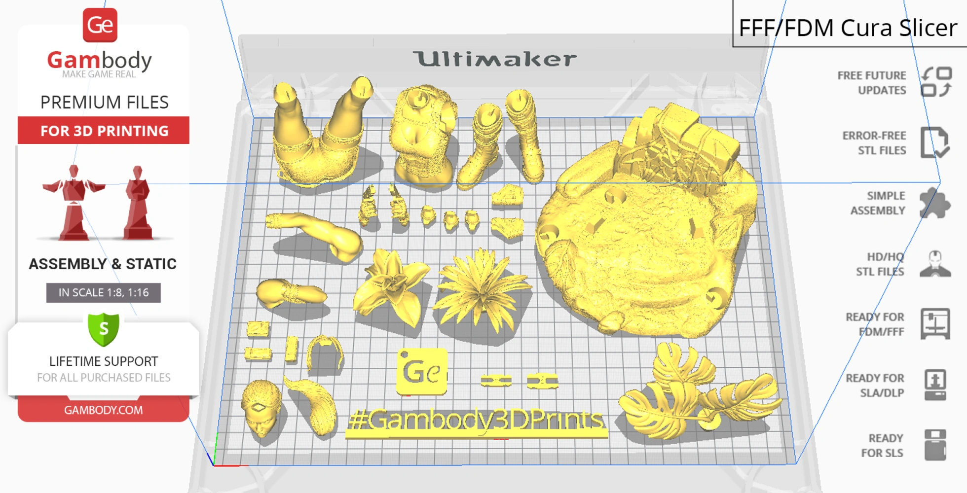 3D printing layout of Lara Croft model parts with plants, displayed in Ultimaker Cura slicer.