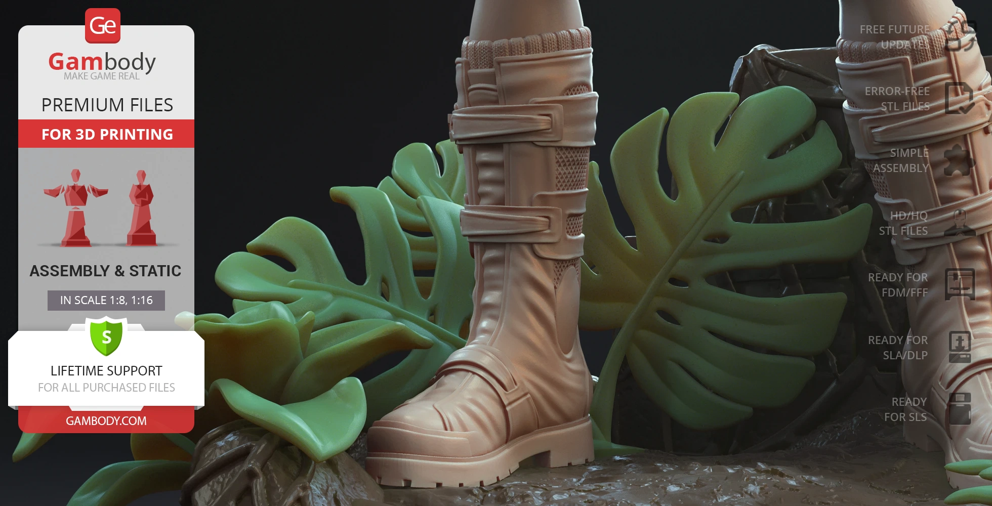 Close-up of detailed boot on jungle-themed base with leaves for a 3D printable Lara Croft model.