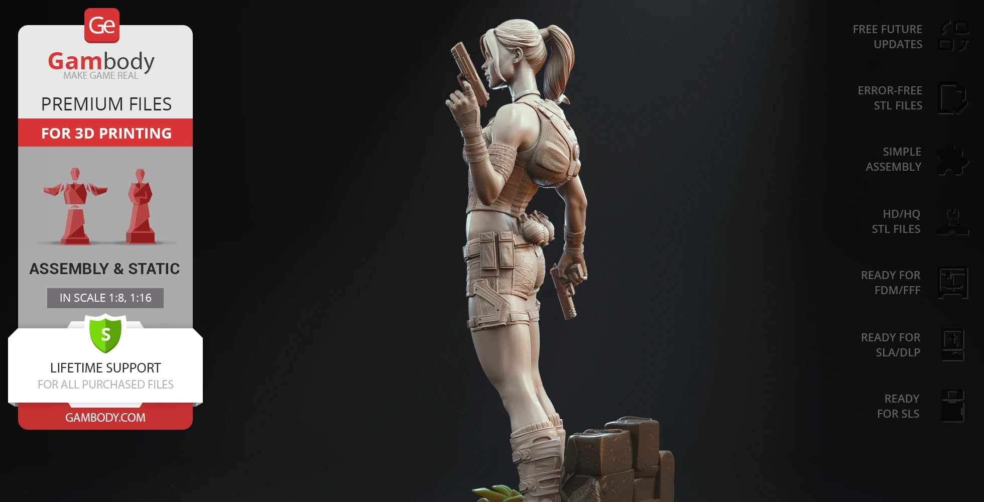 3D model of an action figure in adventure gear holding guns, designed for 3D printing.