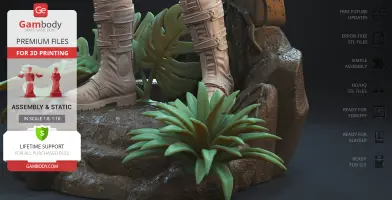 Close-up of detailed boots on a rocky base surrounded by lush green foliage, ideal for 3D printing.