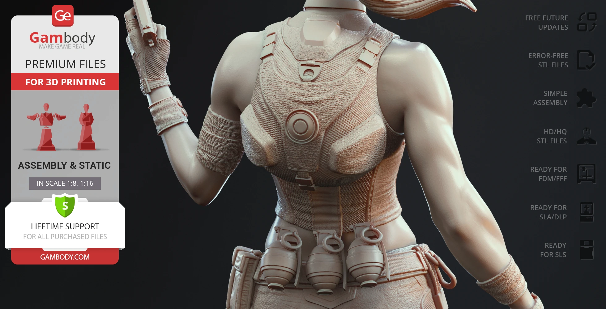 Close-up of a detailed 3D model depicting a person's back with a tactical outfit and equipment.