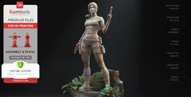 Female adventurer in tactical gear holding guns, standing on rock with foliage, ready for 3D printing.