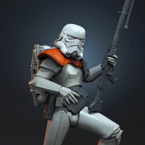 Armored figure with orange pauldron, holding blaster rifle, detailed for 3D printing.