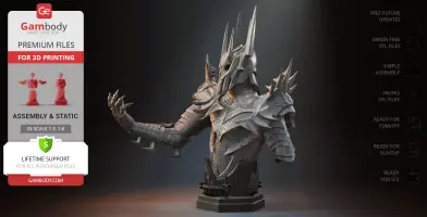 Intricately detailed 3D bust of armored Sauron from LOTR, featuring spiked helmet and armor.