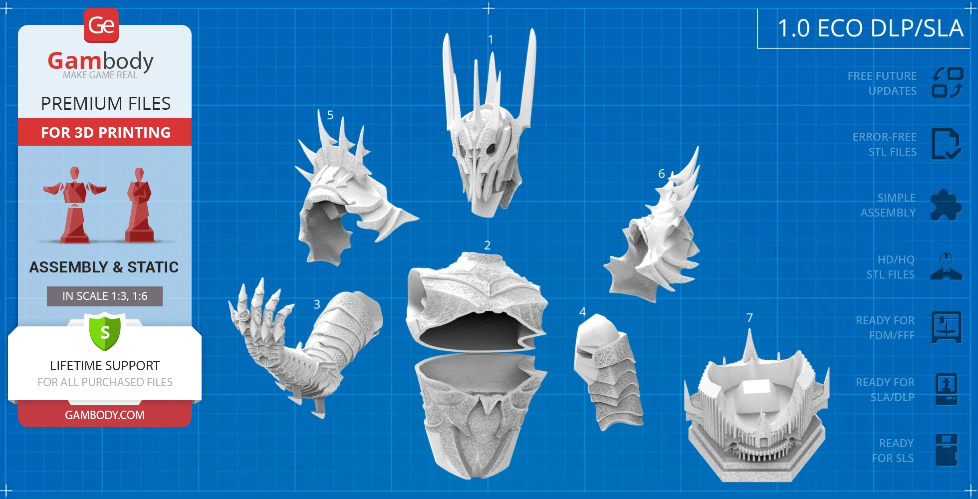 Sauron bust assembly parts for 3D printing, including helmet, armor, and base, displayed on a blueprint background.