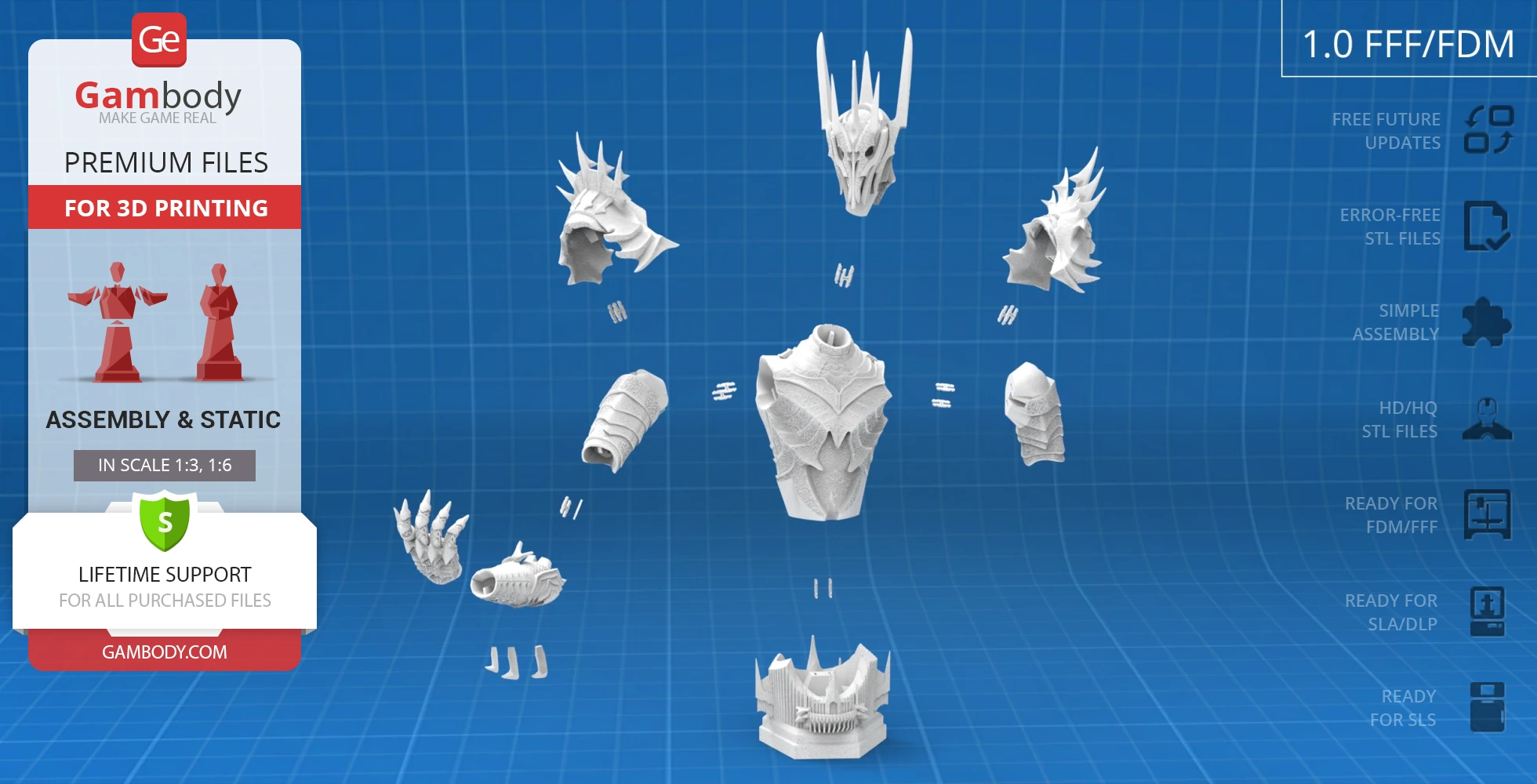 3D model parts of a Sauron bust, including helmet, torso, arms, hands, and base, displayed for assembly.