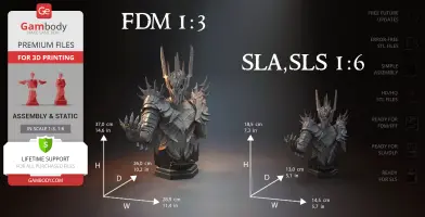 A detailed 3D model of Sauron in armor, available for FDM and SLA/SLS 3D printing, shown with dimensions.