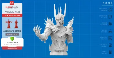 Intricate Sauron bust with spiked helmet and armor, designed for 3D printing.