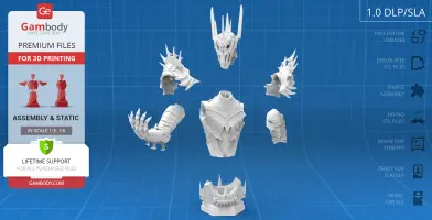 A 3D model of Sauron's bust in parts, featuring armor details and spiked helmet, designed for printing.