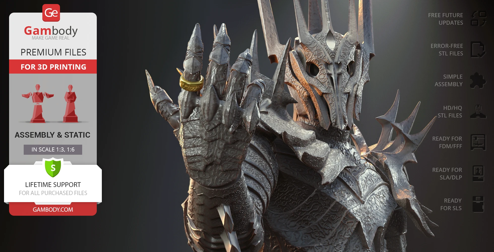 Detailed Sauron bust in armor holding the One Ring, designed for 3D printing by Gambody.