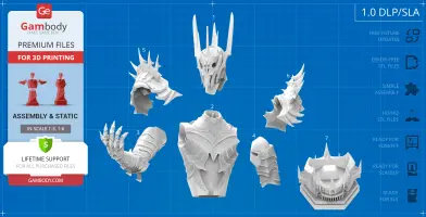 Sauron bust model parts for 3D printing, including helmet, armor, gauntlets, and base on a blueprint background.